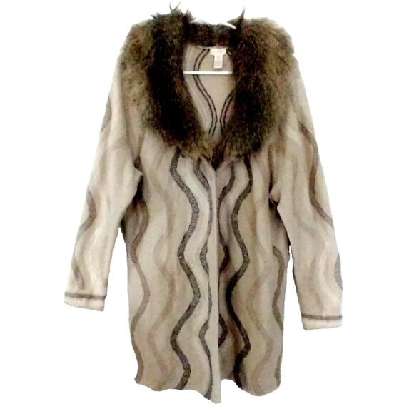 Chico's Sweaters - Chicos Cotton Wool Long Cardigan Removable Faux Fur Collar Tan Gray White - XL